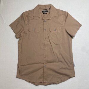 Kenneth Cole Button Up Shirt short sleeve Mens Medium Tan cotton blend casual